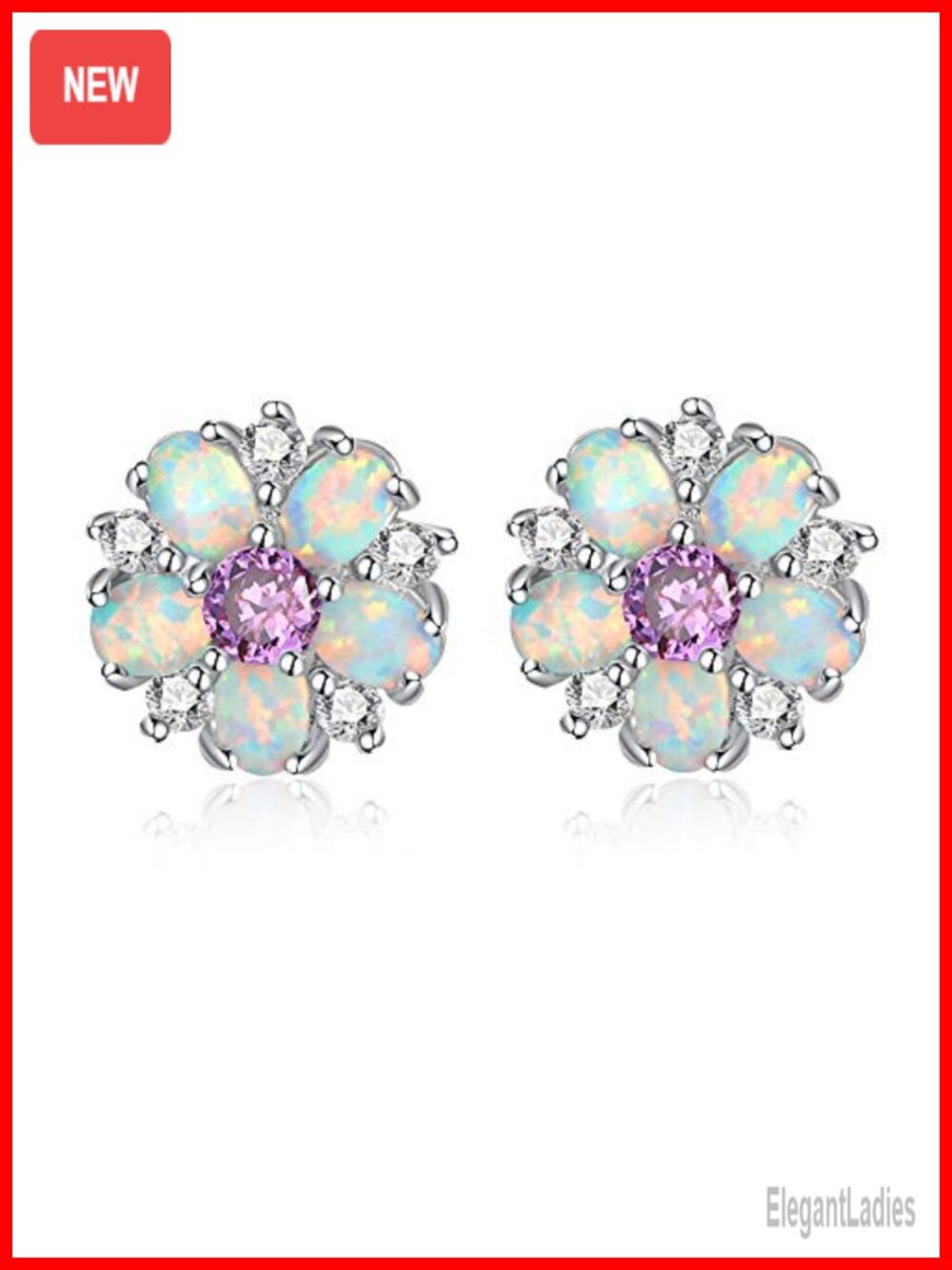 Flower Stud Earrings Sterling Silver Plated Created Opal Hypoallergenic
